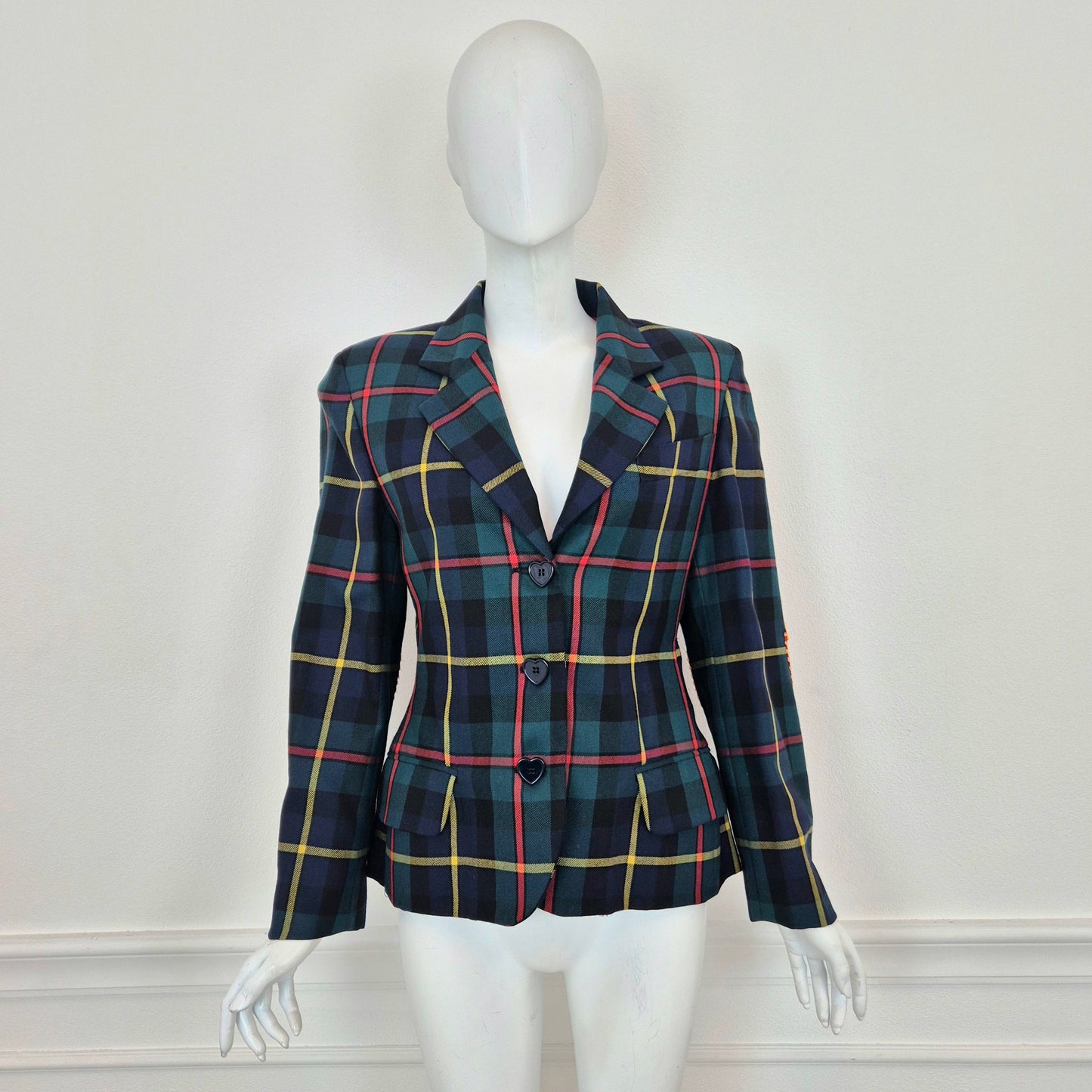 Moschino | Blazer tartan con toppe cuore