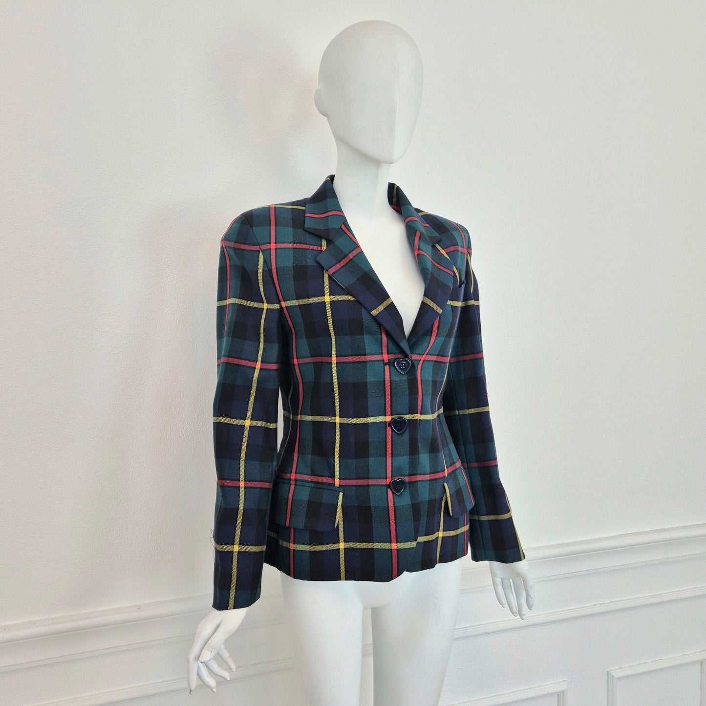 Moschino | Blazer tartan con toppe cuore