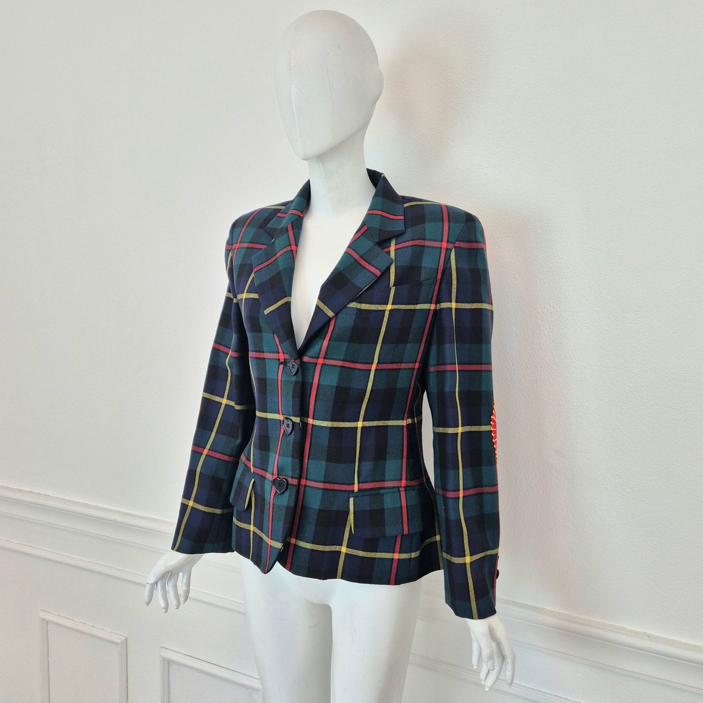 Moschino | Blazer tartan con toppe cuore