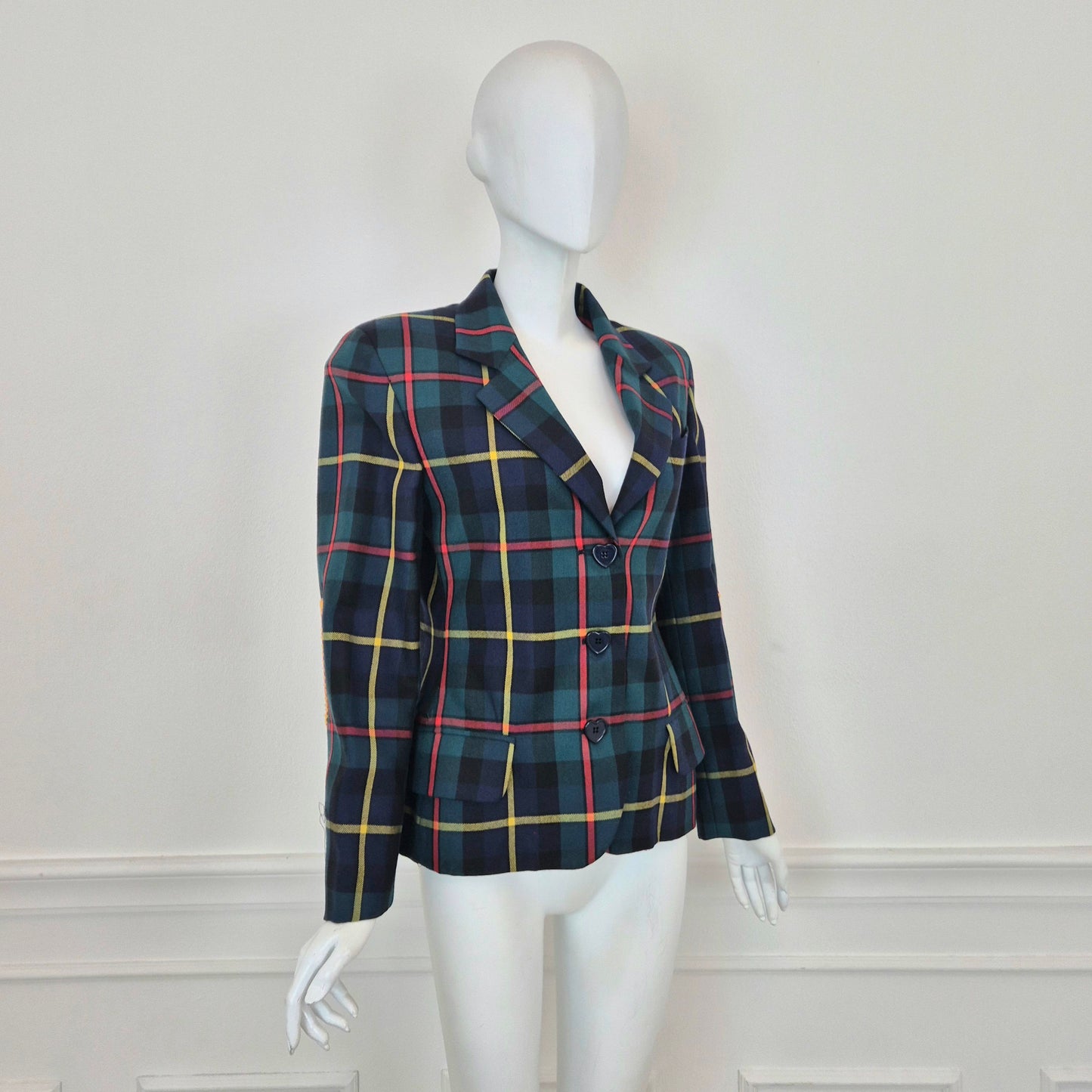 Moschino | Blazer tartan con toppe cuore