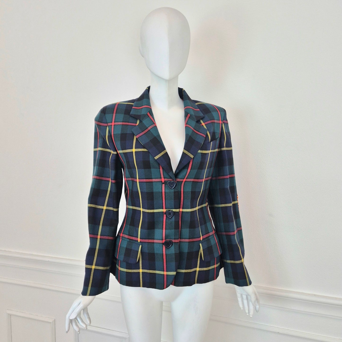 Moschino | Blazer tartan con toppe cuore