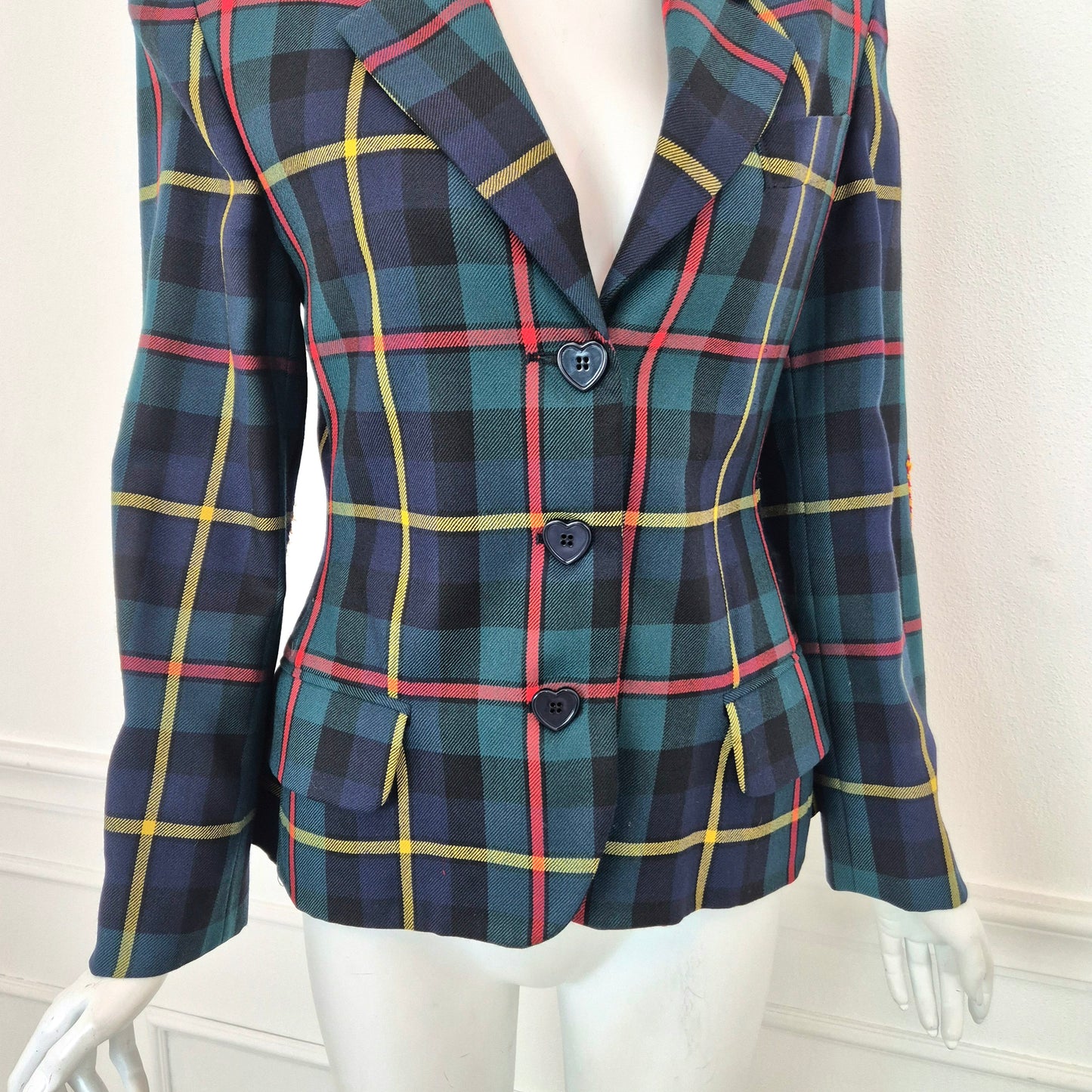 Moschino | Blazer tartan con toppe cuore