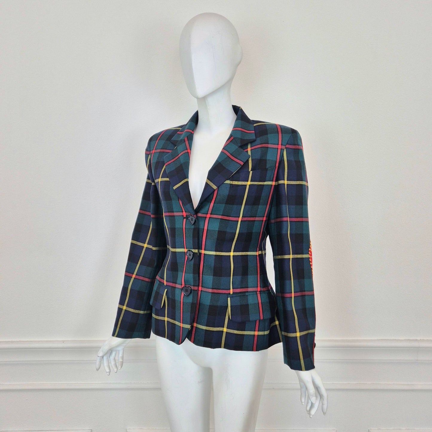 Moschino | Blazer tartan con toppe cuore