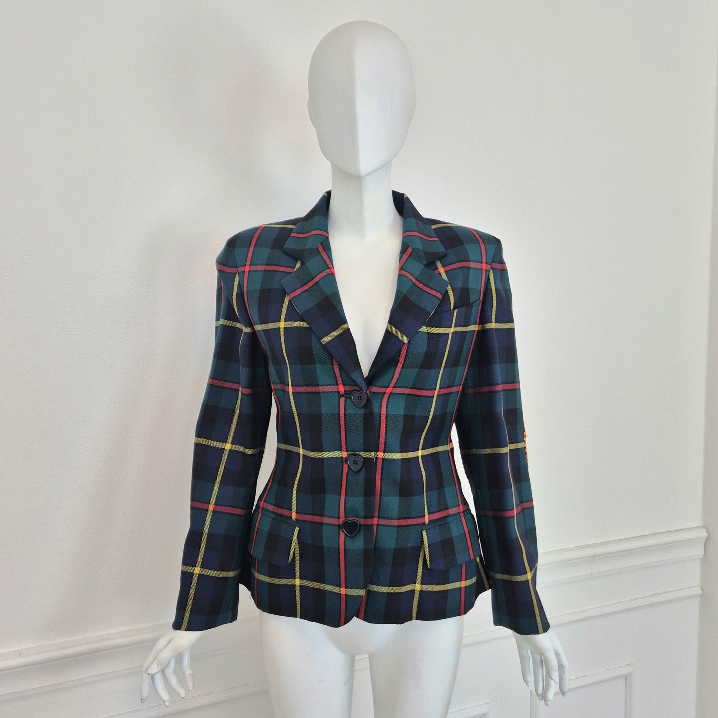 Moschino | Blazer tartan con toppe cuore