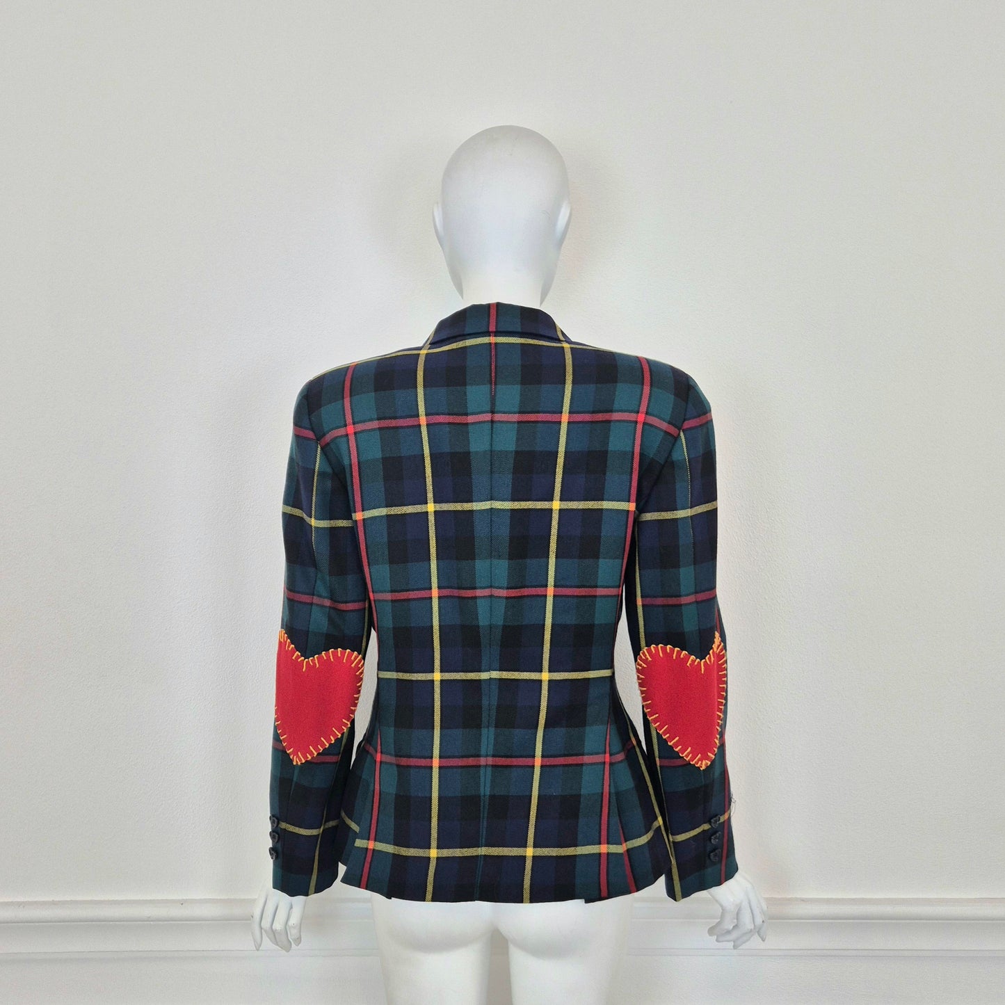 Moschino | Blazer tartan con toppe cuore