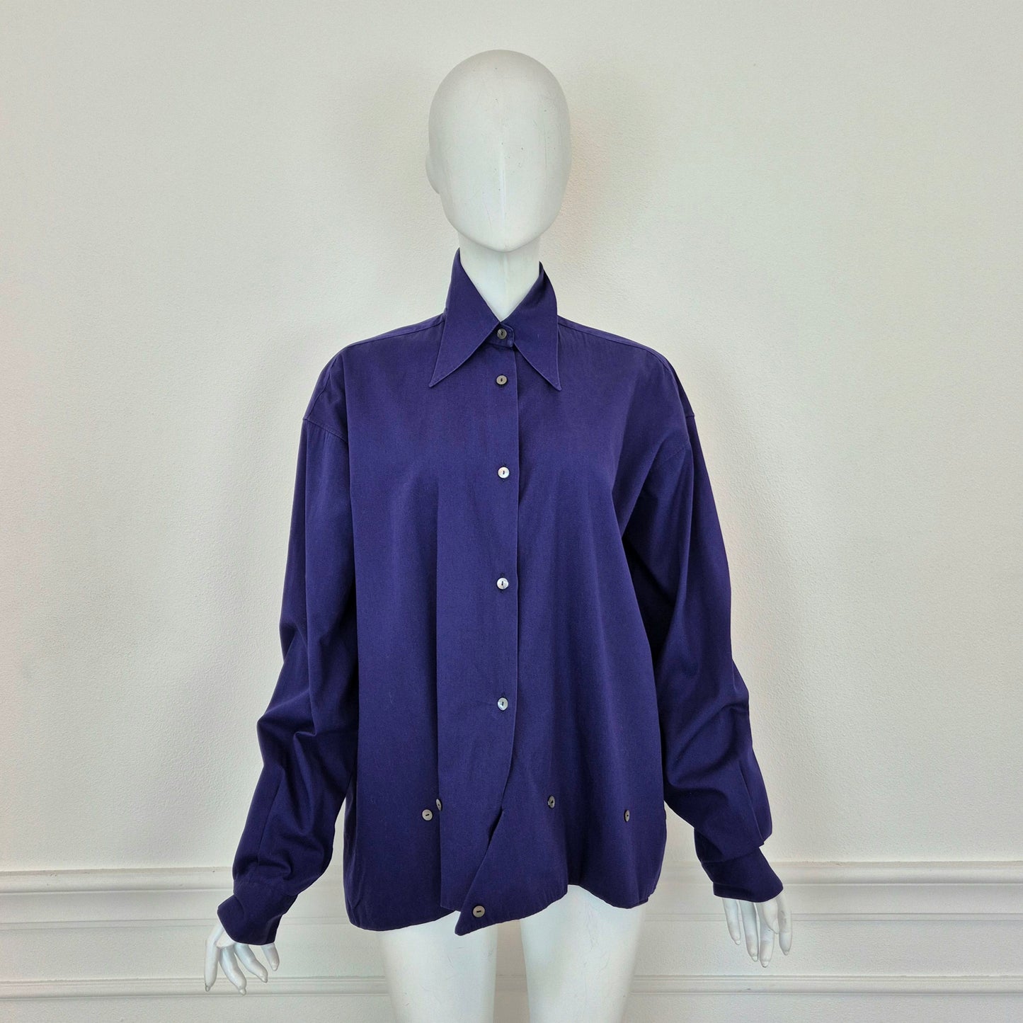 Romeo Gigli | Camicia in cotone indaco con bottoncini sul fondo 1990