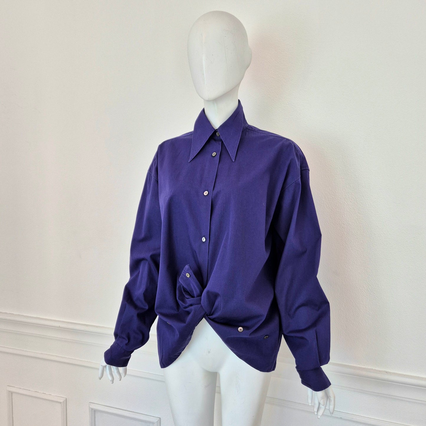 Romeo Gigli | Camicia in cotone indaco con bottoncini sul fondo 1990