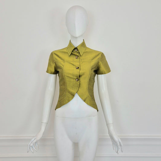 Romeo Gigli | Camicia maniche corte in seta grezza verde mela
