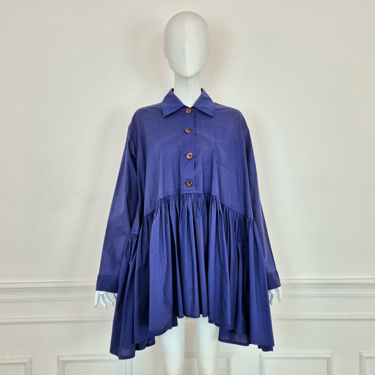 Romeo Gigli | Maxi camicia/abito balze blu indaco