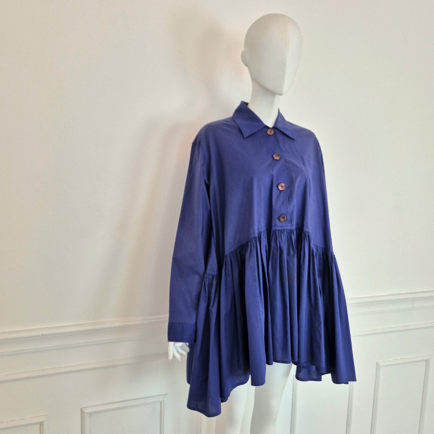 Romeo Gigli | Maxi camicia/abito balze blu indaco