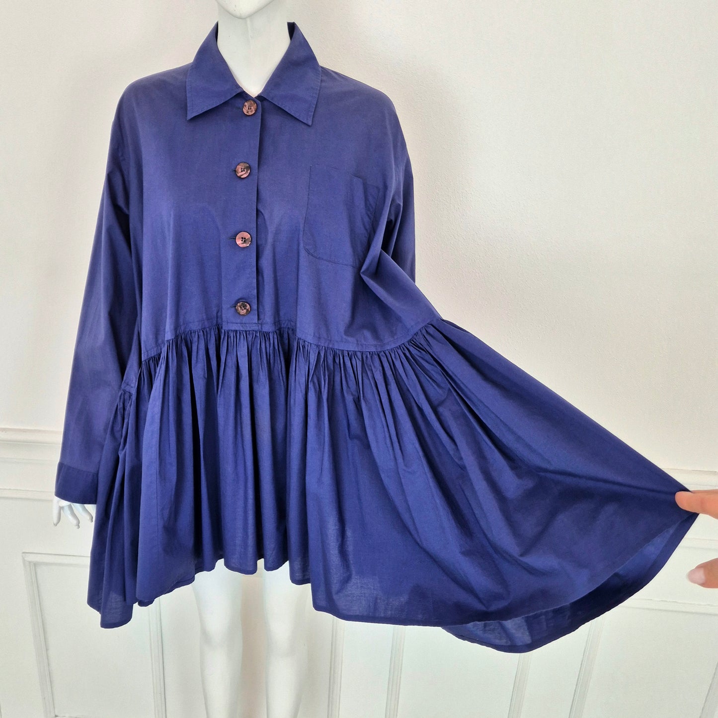 Romeo Gigli | Maxi camicia/abito balze blu indaco