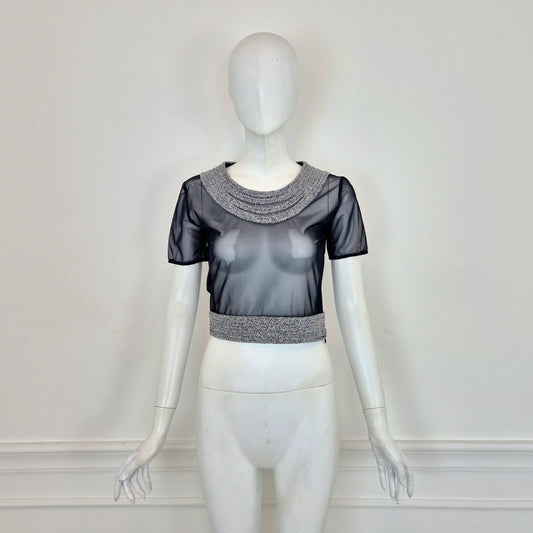 Gianfranco Ferrè | Maglia blu velata ricamo argento