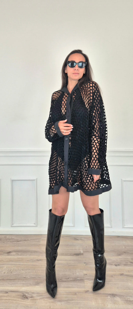 Romeo Gigli | Cardigan con cappuccio rete nera