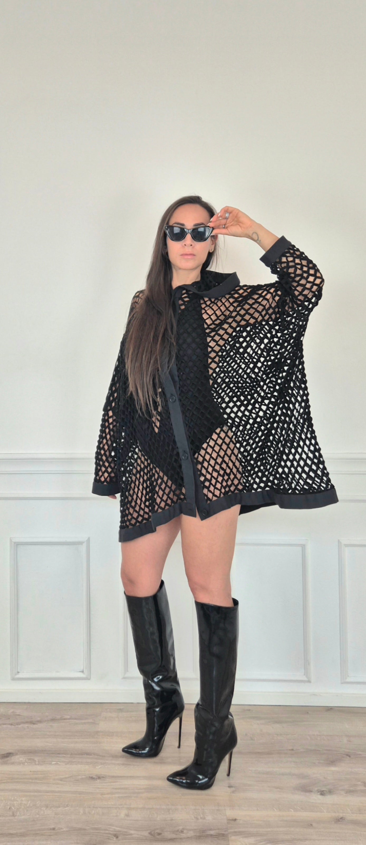 Romeo Gigli | Cardigan con cappuccio rete nera