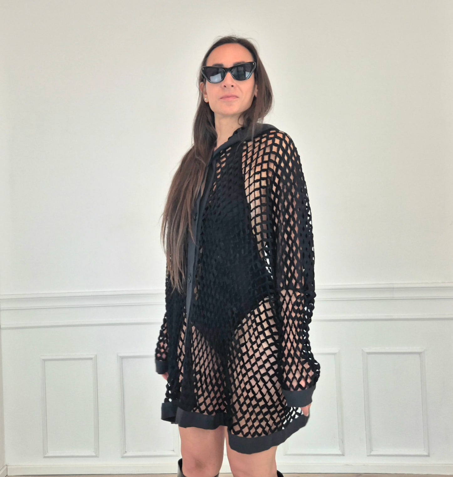 Romeo Gigli | Cardigan con cappuccio rete nera