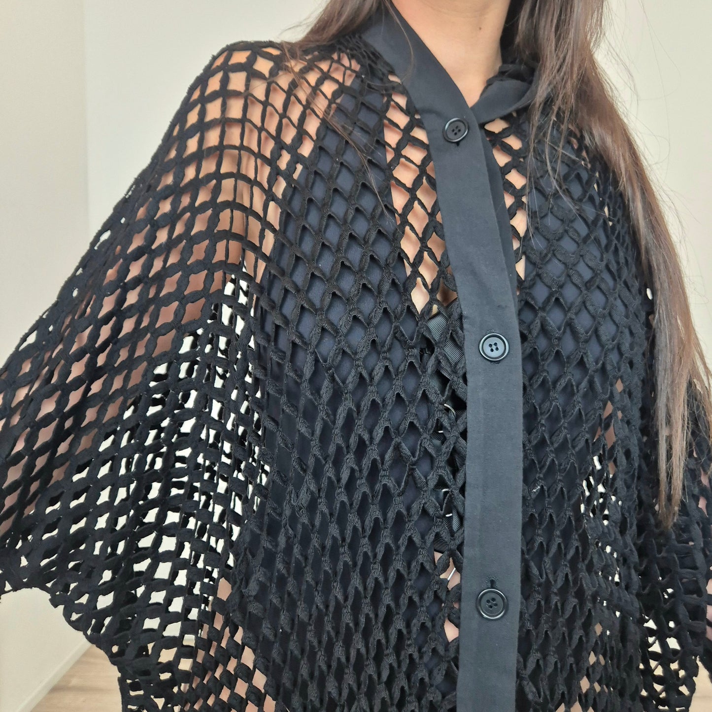 Romeo Gigli | Cardigan con cappuccio rete nera
