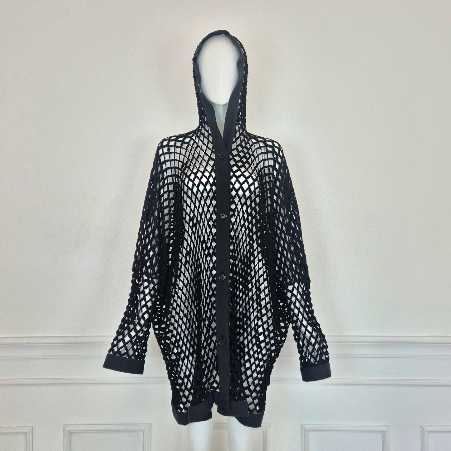Romeo Gigli | Cardigan con cappuccio rete nera