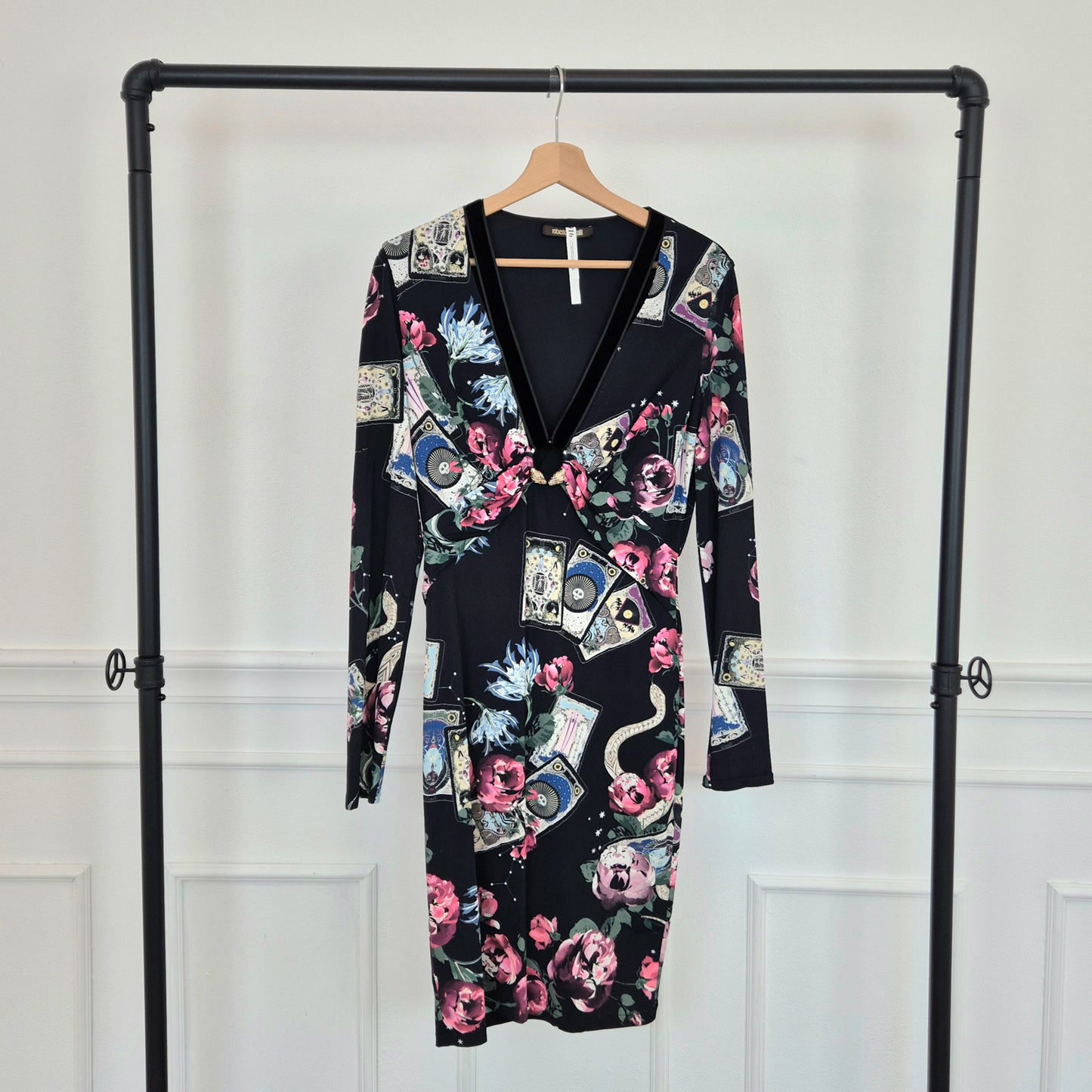 Roberto Cavalli | Abito elasticizzato stampa fiori e carte