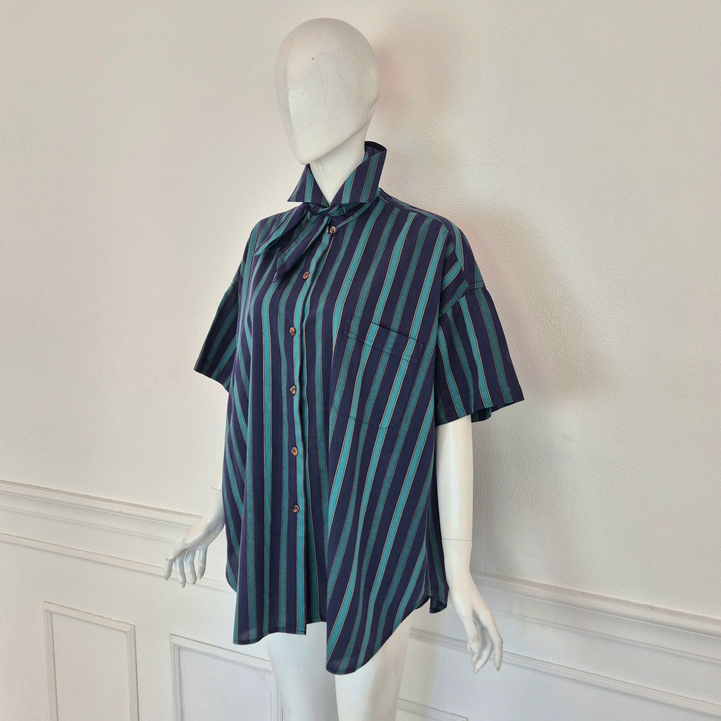 Romeo Gigli | Camicia oversize con fiocco righe verdi blu