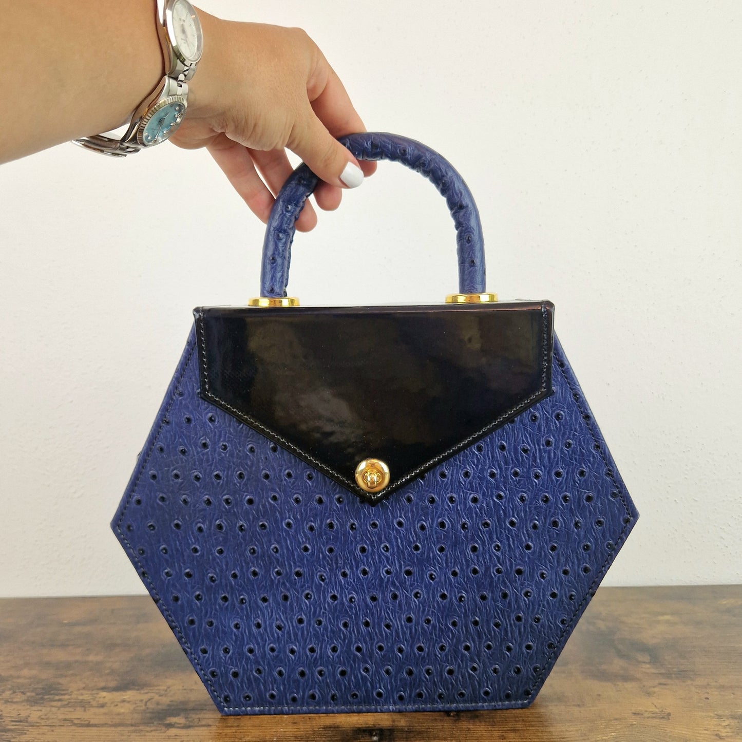 Borsa vintage blu esagonale