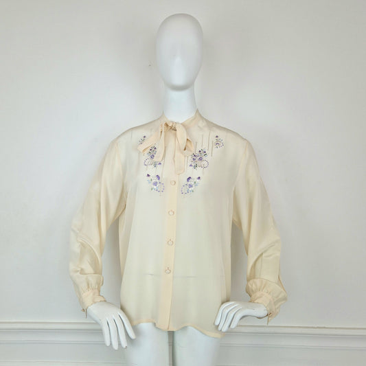 Camicia vintage seta naturale ricamo fiori