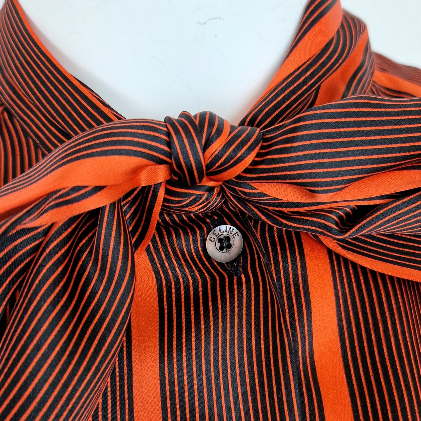 Camicia vintage Céline seta righe nero e arancio