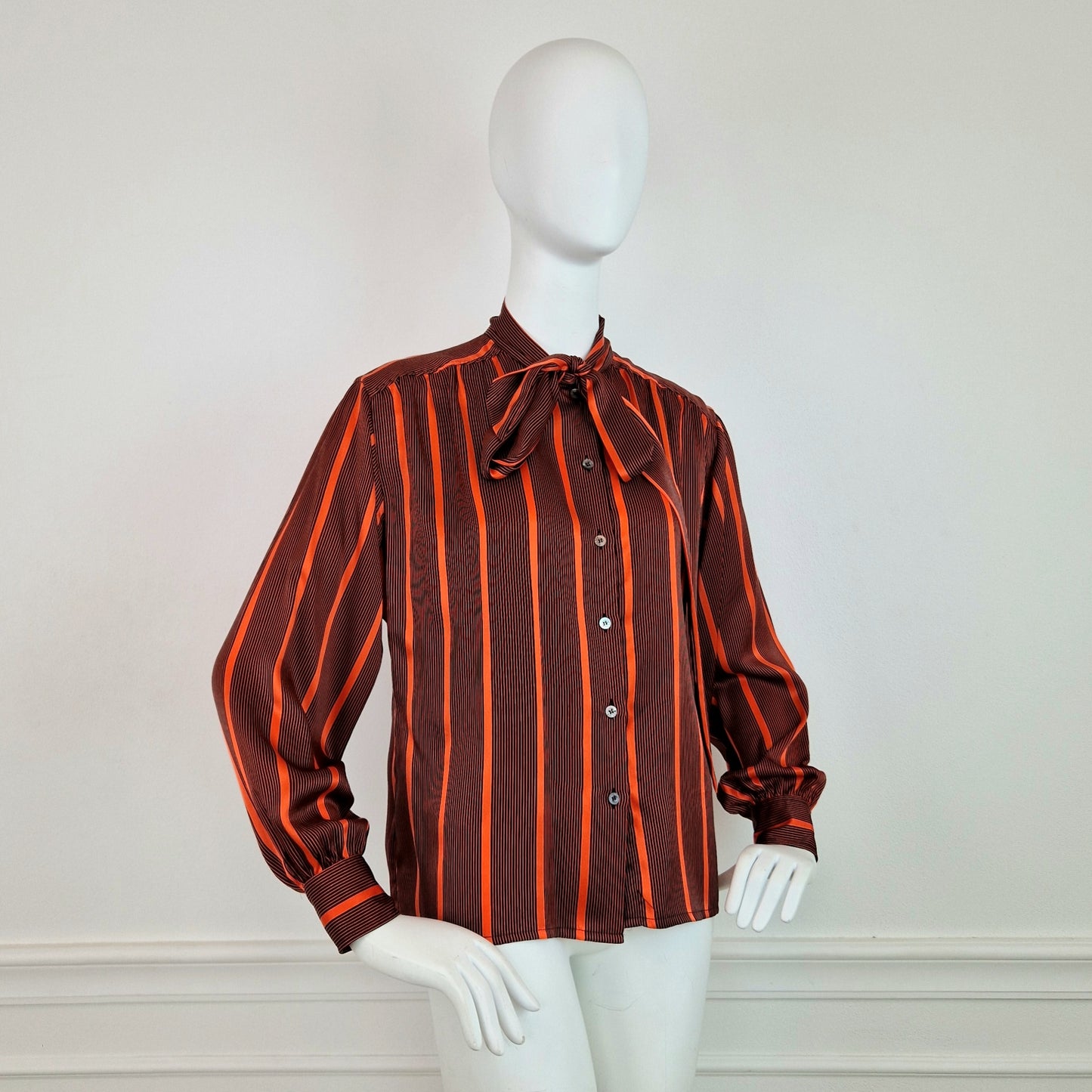 Camicia vintage Céline seta righe nero e arancio