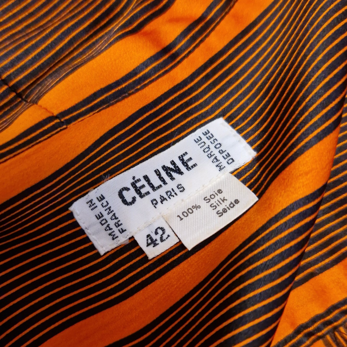 Camicia vintage Céline seta righe nero e arancio