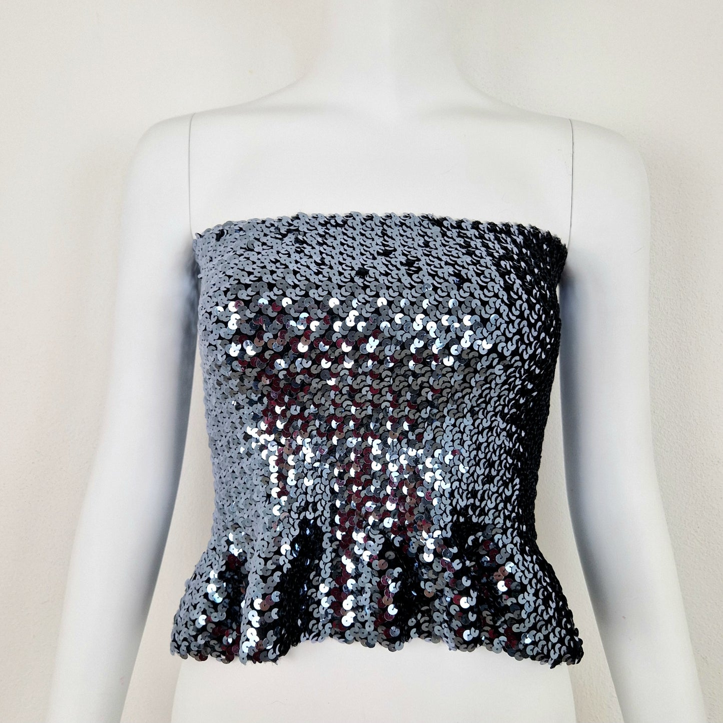 Top vintage paillettes argento blu