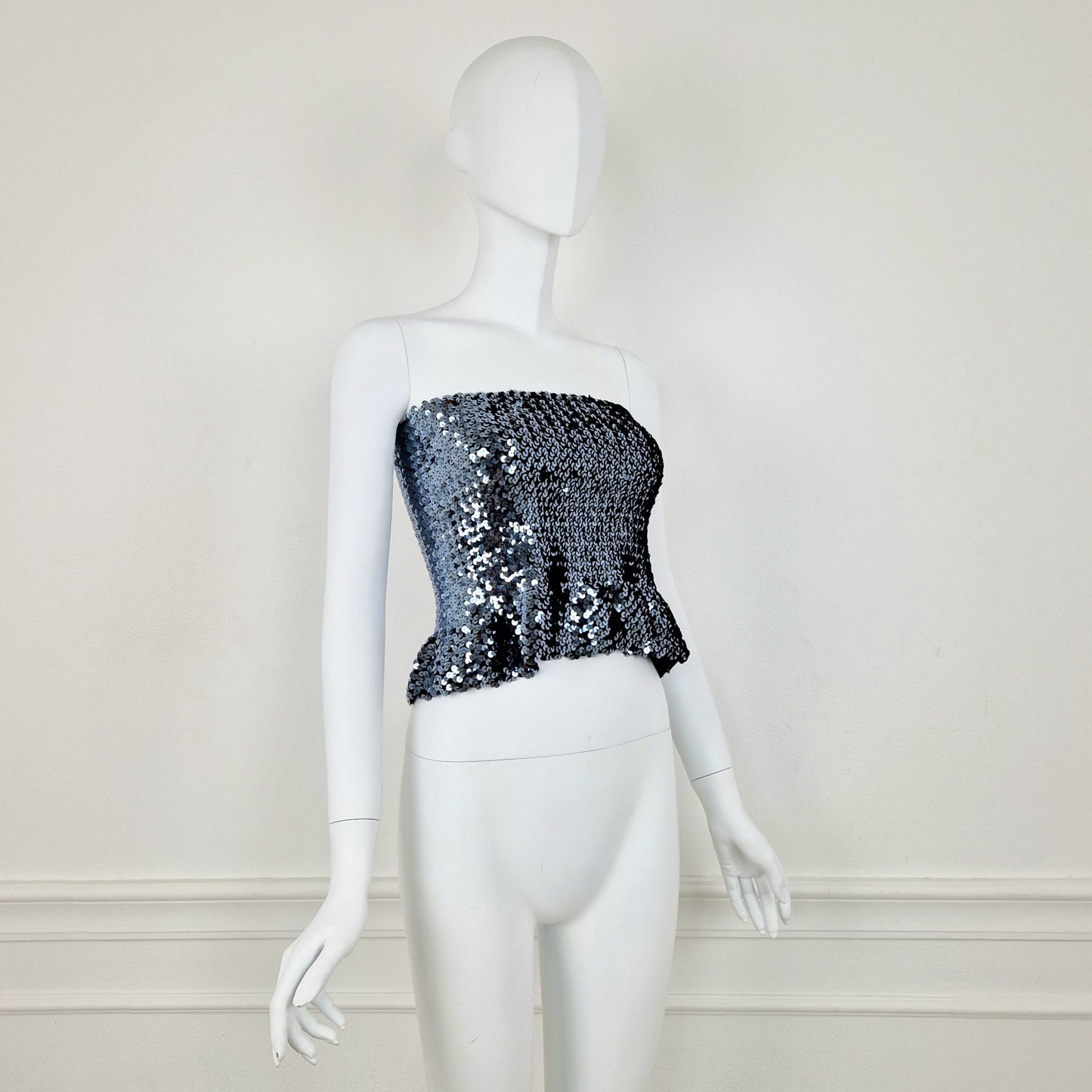 Top vintage paillettes argento blu