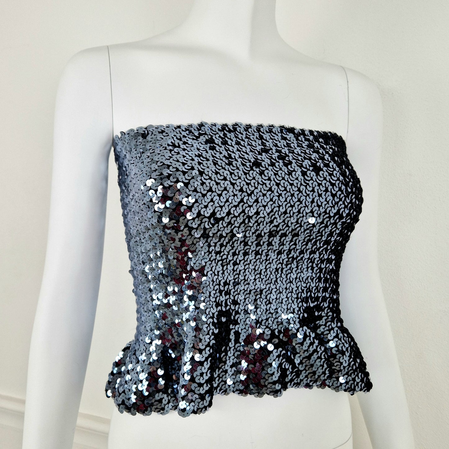 Top vintage paillettes argento blu