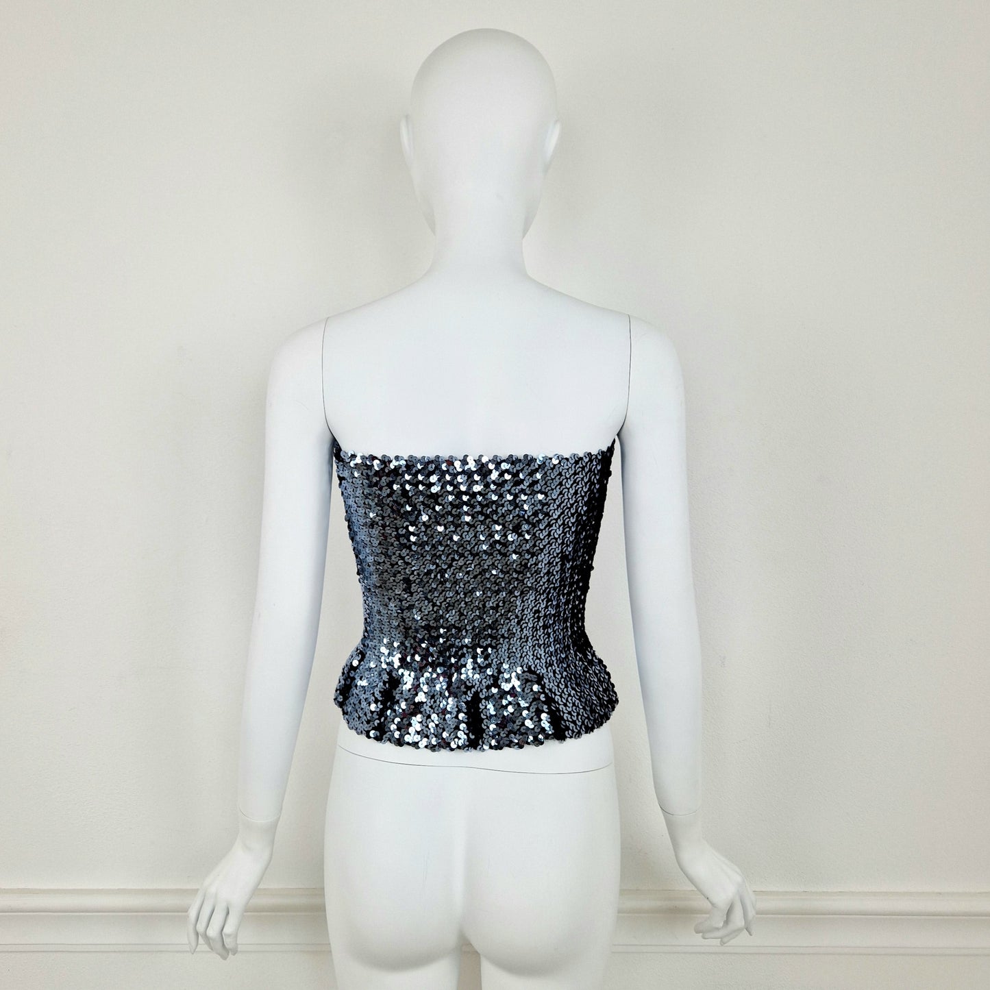 Top vintage paillettes argento blu