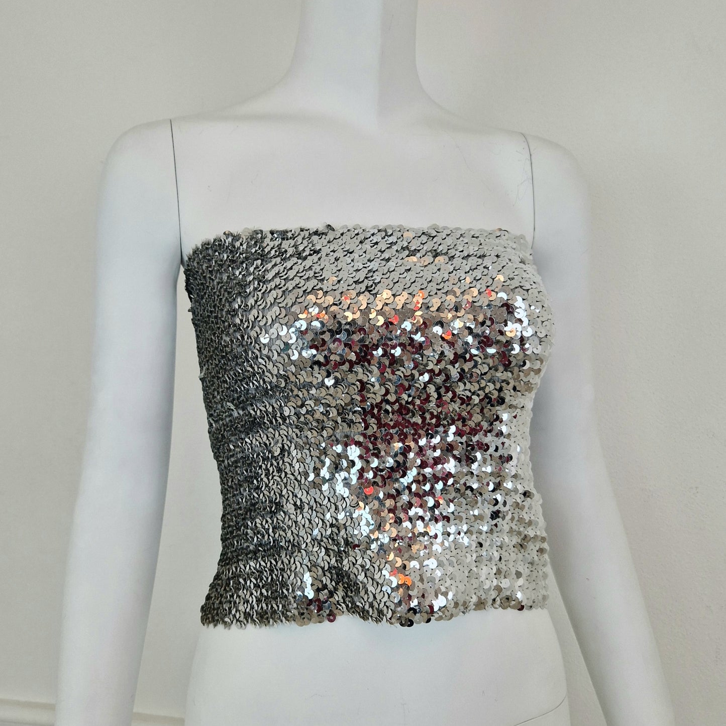 Top vintage a fascia paillettes argento