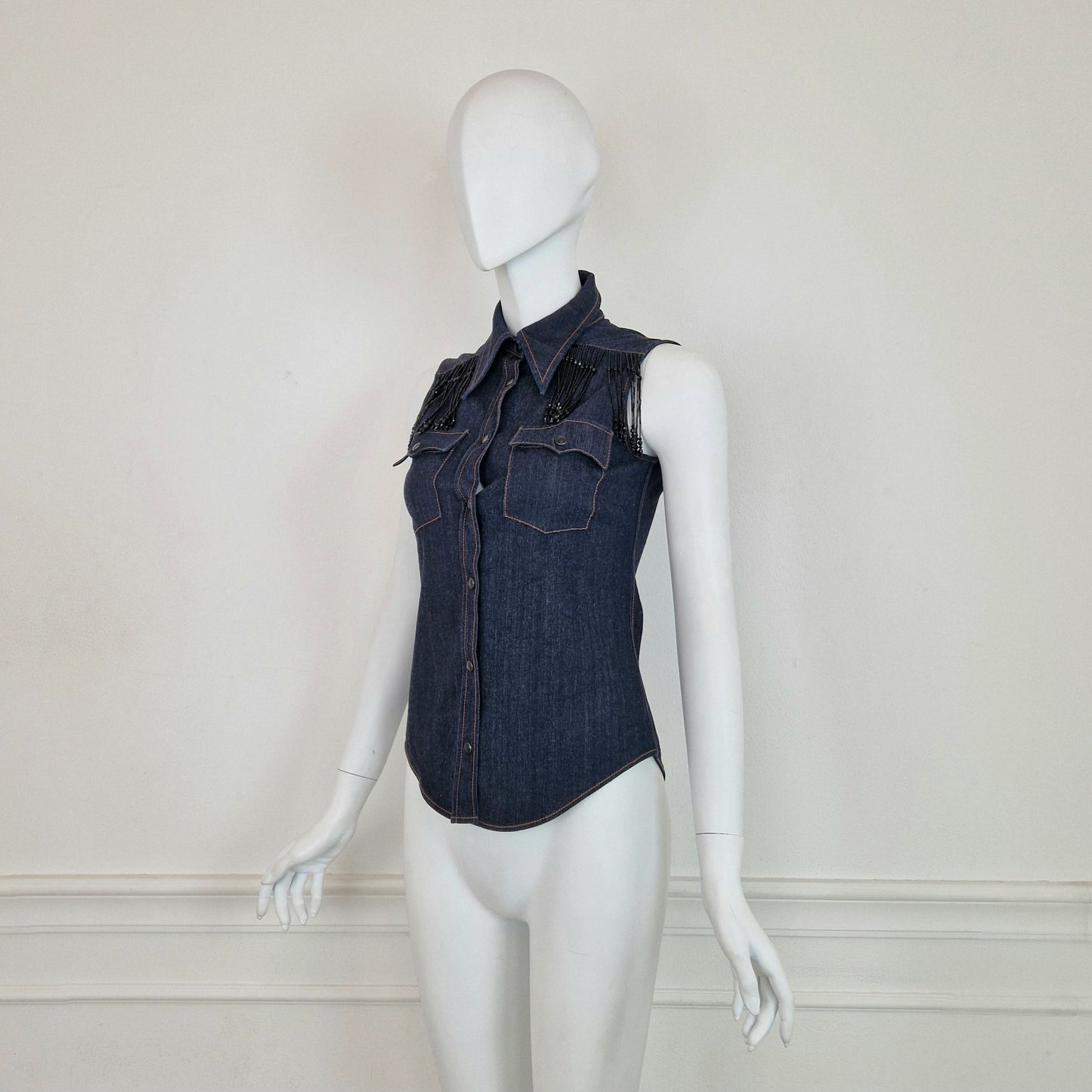 Miu Miu | top in denim con frange in vetro