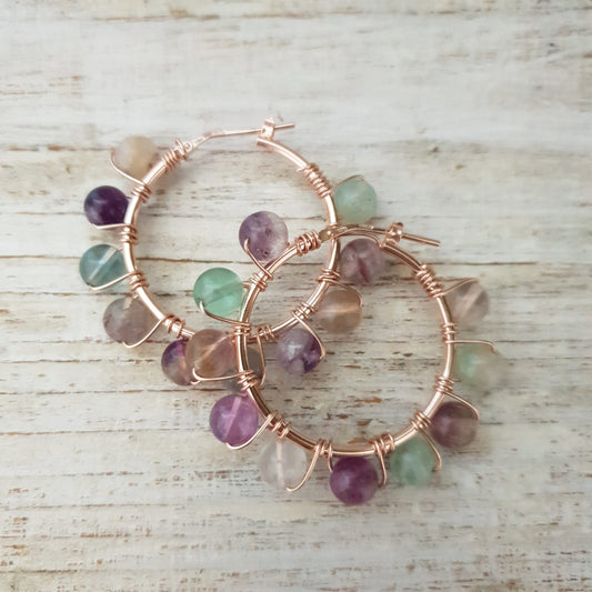 STEFANY Hoops argento 925 oro rosa e fluorite - 28 mm