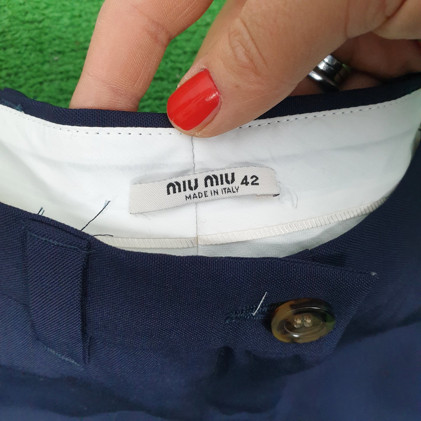 Pantaloni Miu Miu blu con riga bianca