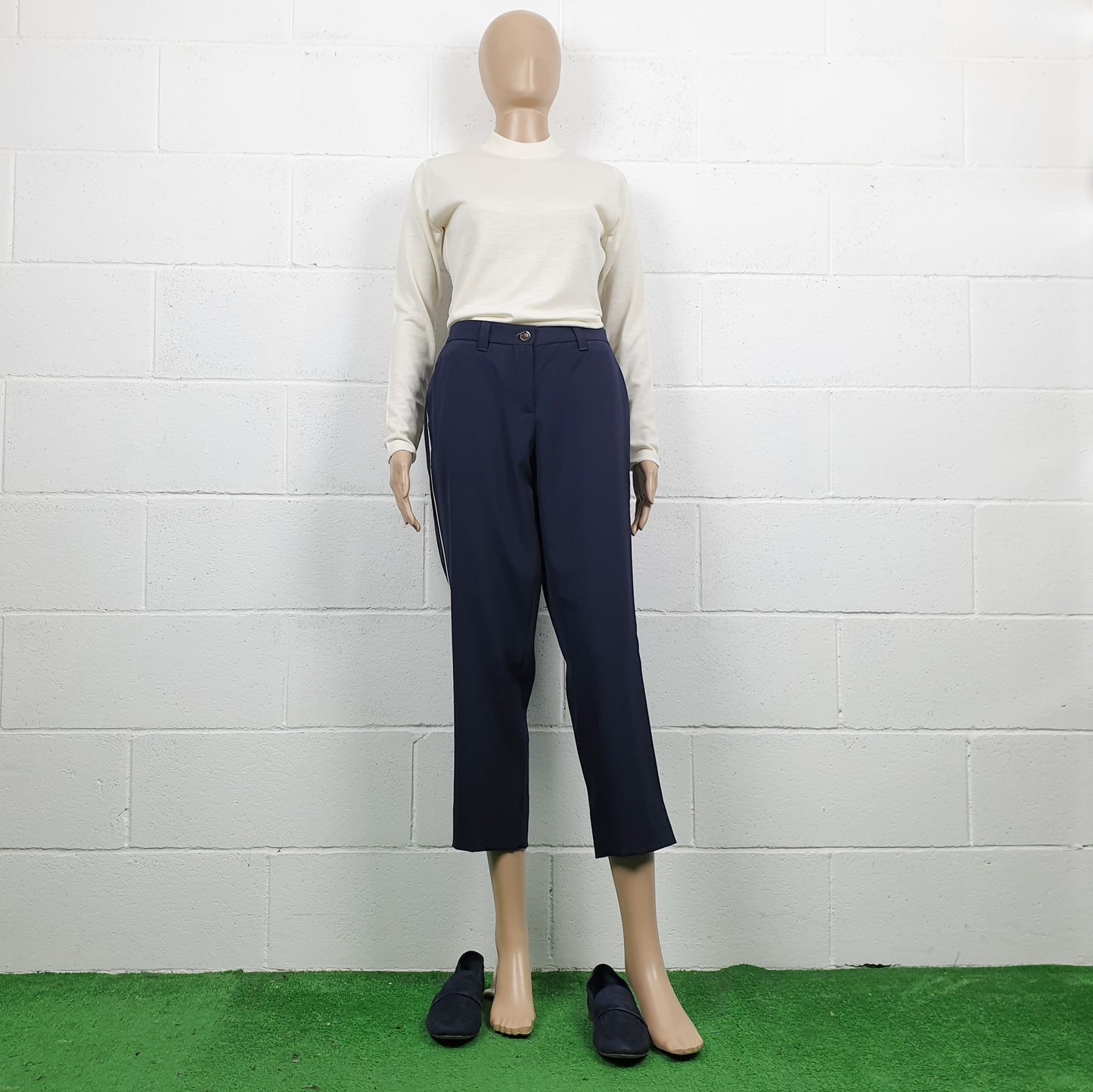 Pantaloni Miu Miu blu con riga bianca