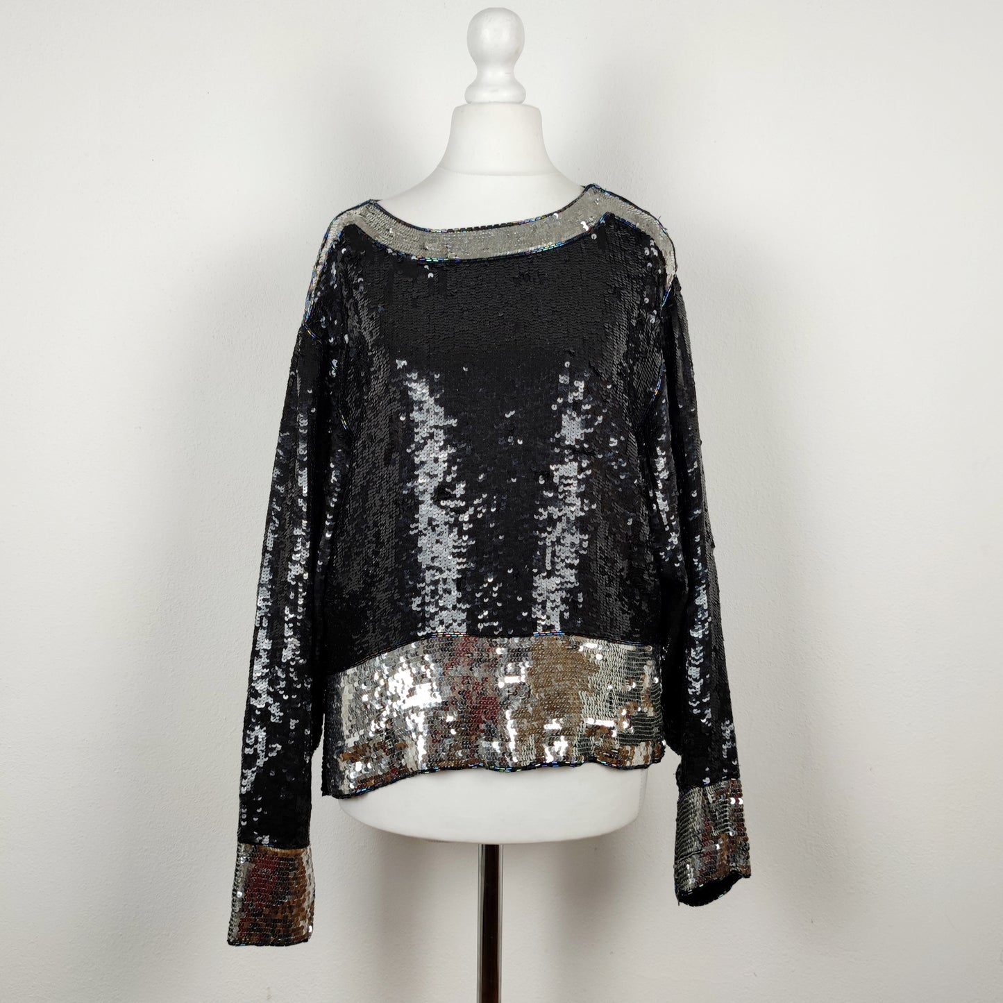 Blusa vintage YSL rive gauche paillettes argento e nero