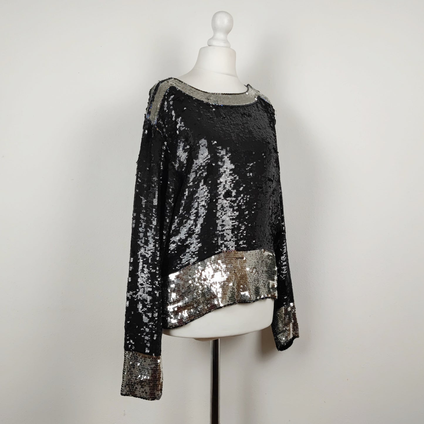 Blusa vintage YSL rive gauche paillettes argento e nero