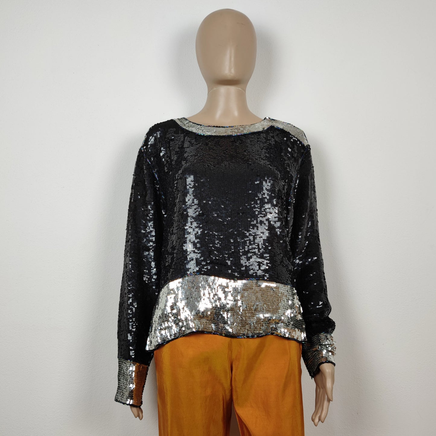 Blusa vintage YSL rive gauche paillettes argento e nero