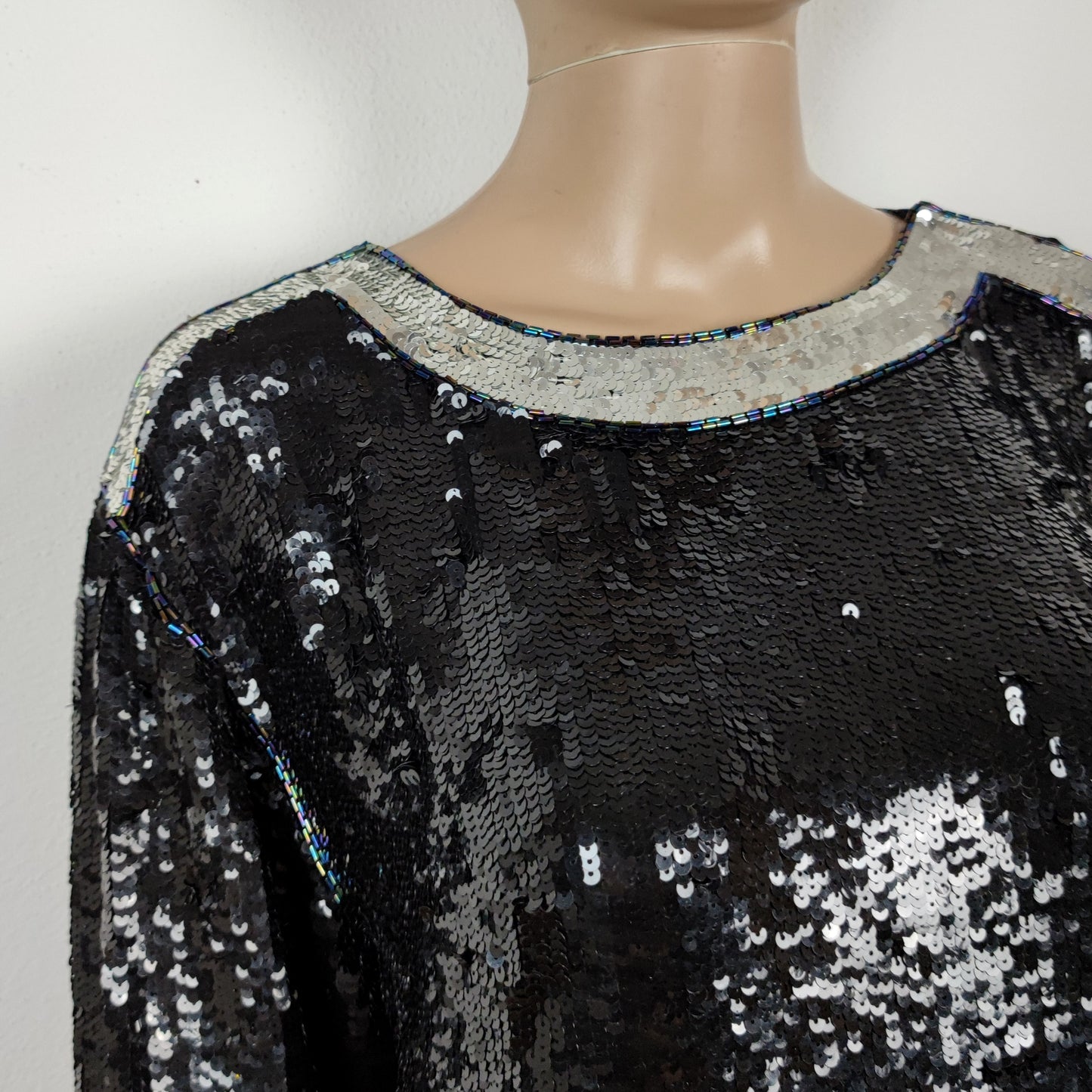 Blusa vintage YSL rive gauche paillettes argento e nero