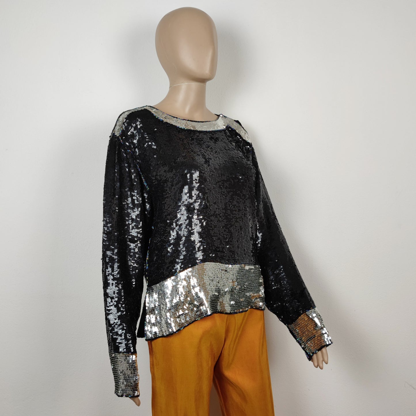 Blusa vintage YSL rive gauche paillettes argento e nero