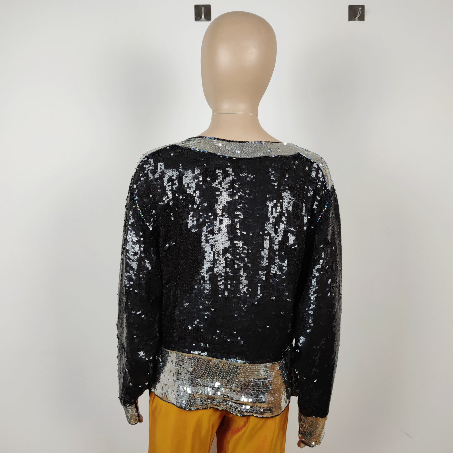 Blusa vintage YSL rive gauche paillettes argento e nero