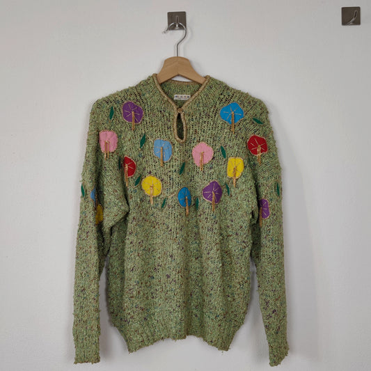 Maglione vintage anni '80 verde con applicazioni