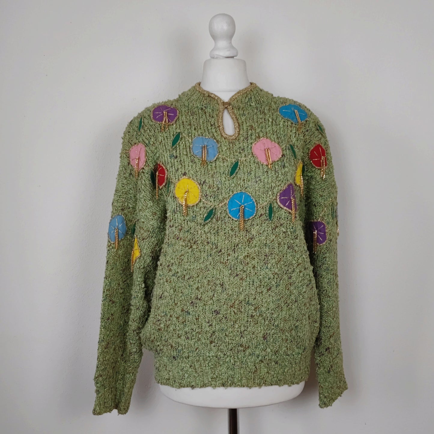 Maglione vintage anni '80 verde con applicazioni