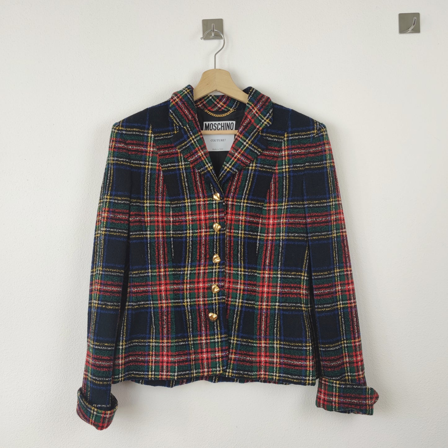 Blazer Moschino couture tartan bottoni cuore oro