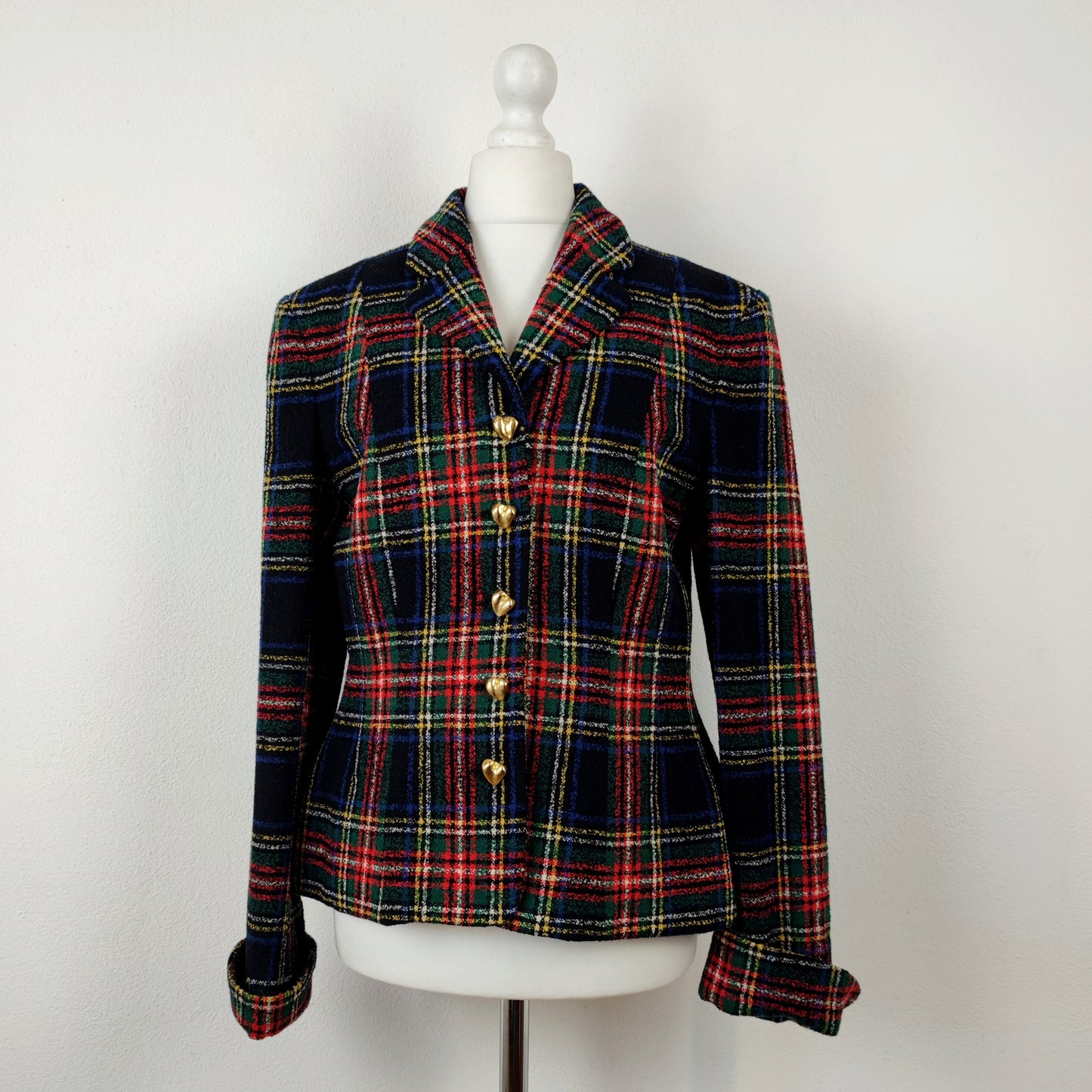 Blazer Moschino couture tartan bottoni cuore oro