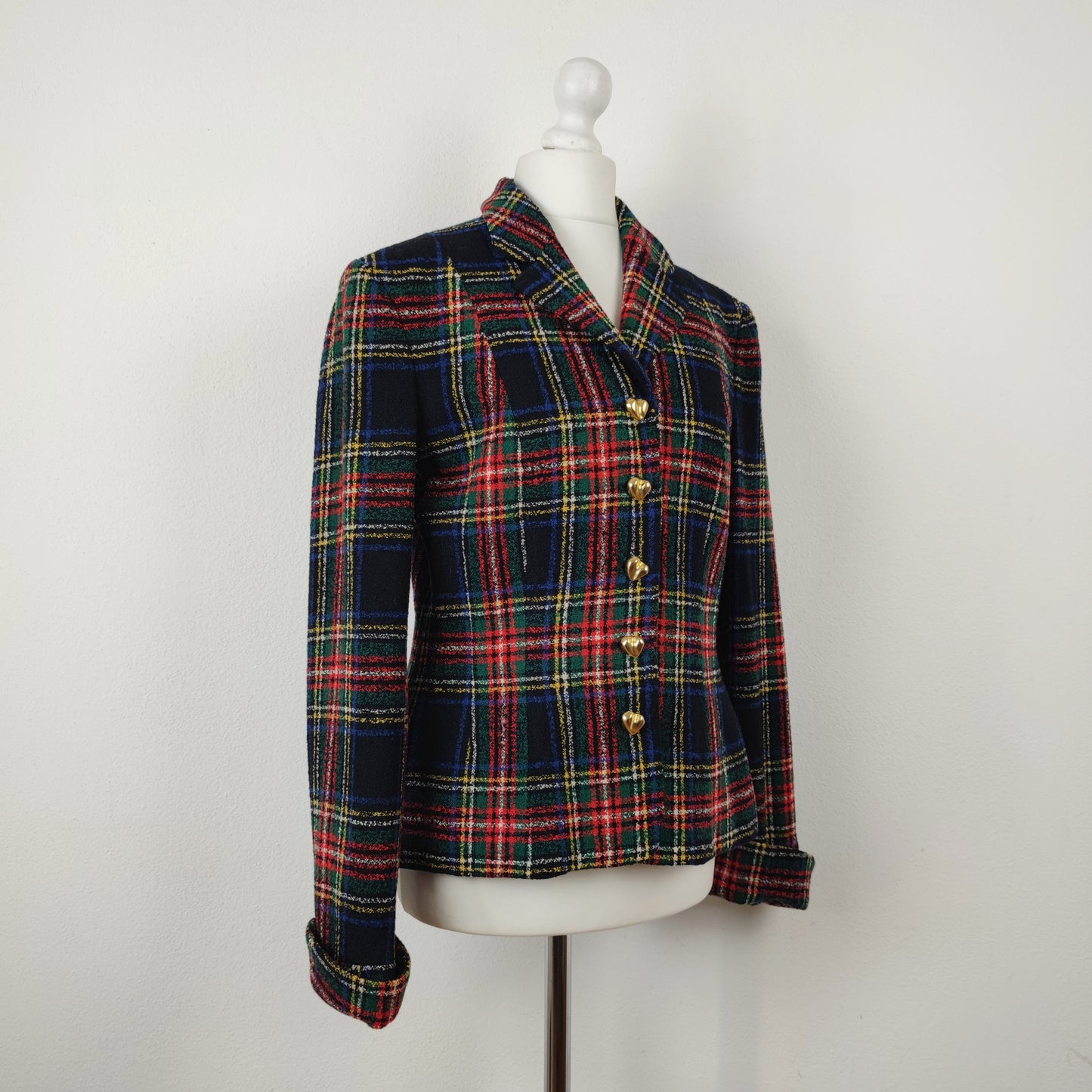 Blazer Moschino couture tartan bottoni cuore oro