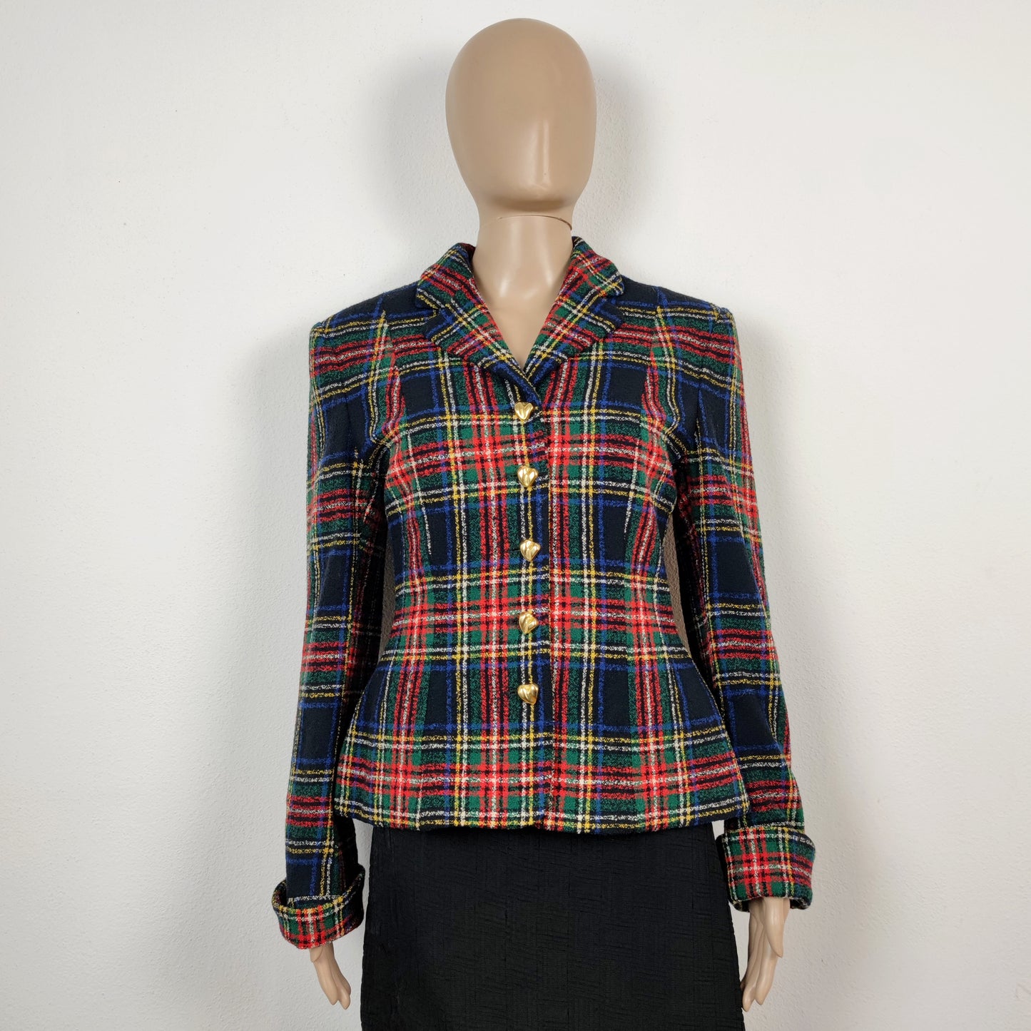 Blazer Moschino couture tartan bottoni cuore oro