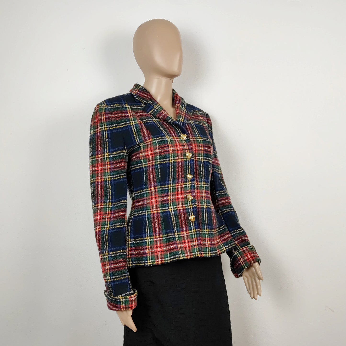 Blazer Moschino couture tartan bottoni cuore oro